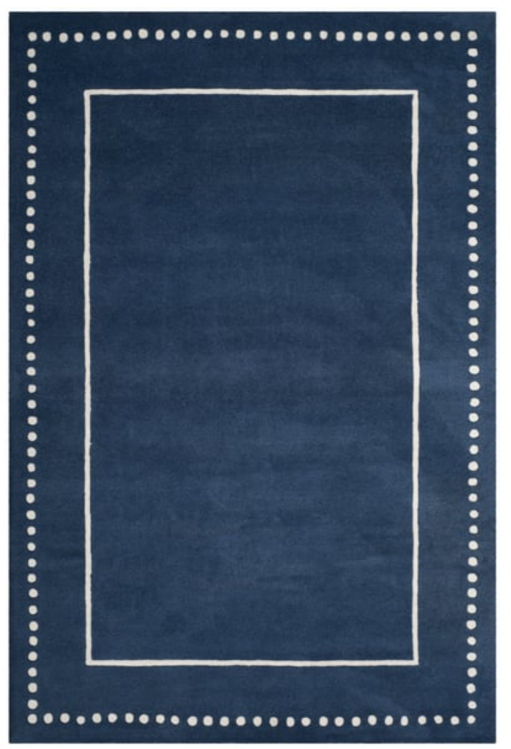 Classic Navy Blue Wool Area Rug with White Border – Handwoven Modern Geometric Carpet for Living Room, Bedroom & Office Décor
