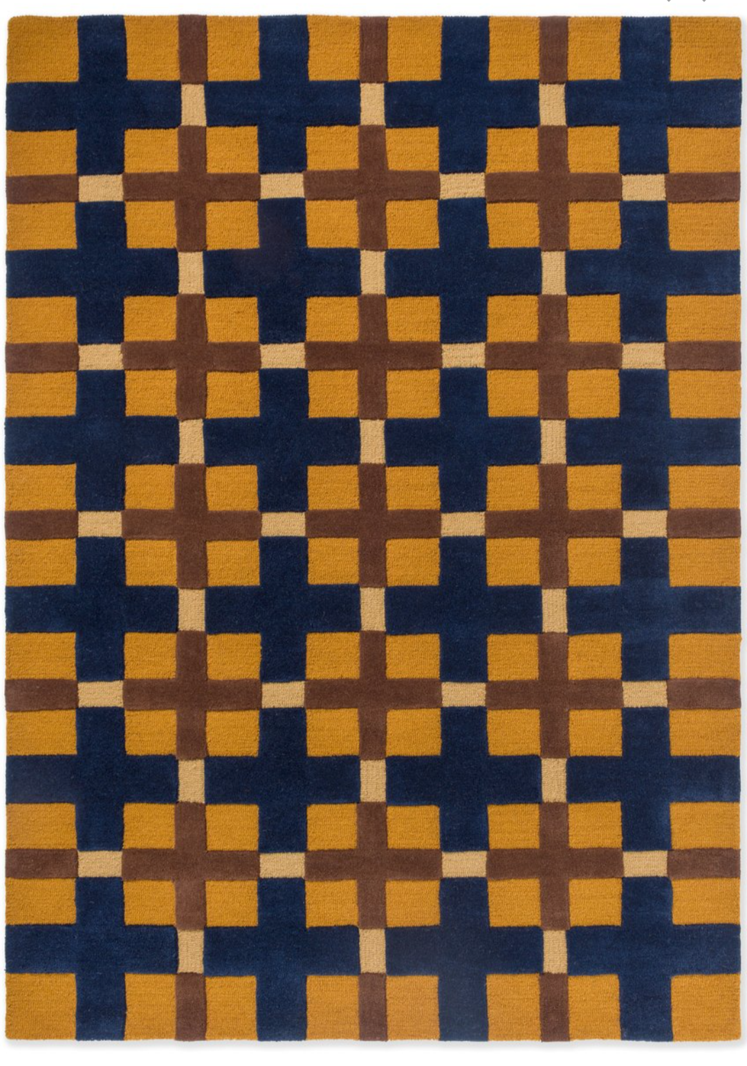 Modern Geometric Wool Rug – Handwoven Blue, Mustard & Brown Checkered Pattern for Living Room & Office Décor