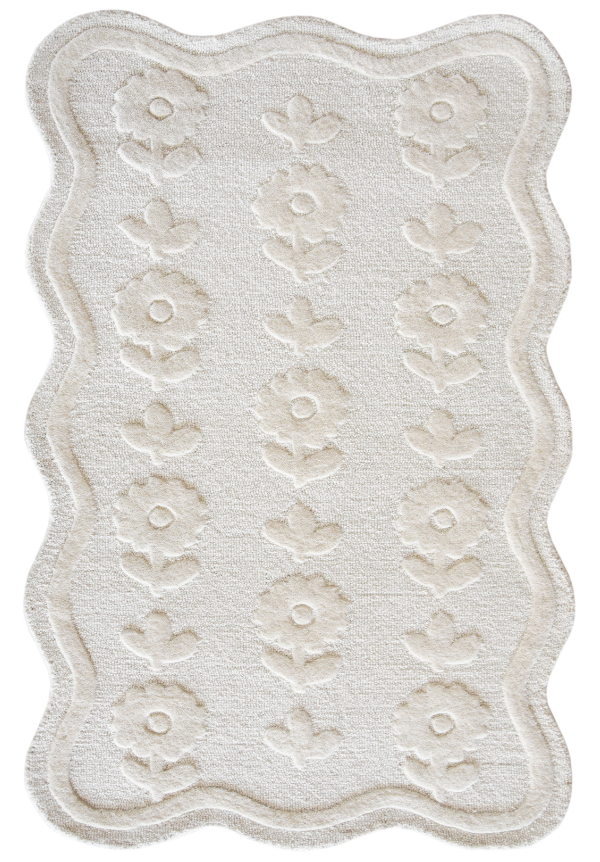 Handmade Ivory Floral Wool Rug – Scalloped Edge Textured Carpet for Living Room, Bedroom & Modern Home Decor