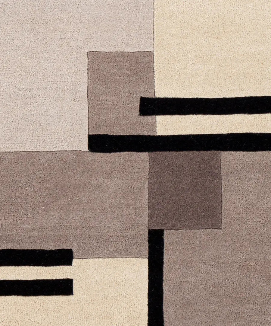 Modern Abstract Area Rug – Neutral Beige & Gray Geometric Carpet with Black Accents for Living Room & Bedroom Decor