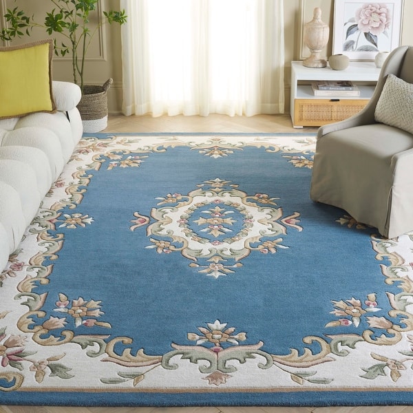Elegant Blue Aubusson Area Rug – Handcrafted Floral Wool Carpet for Living Room & Bedroom Décor