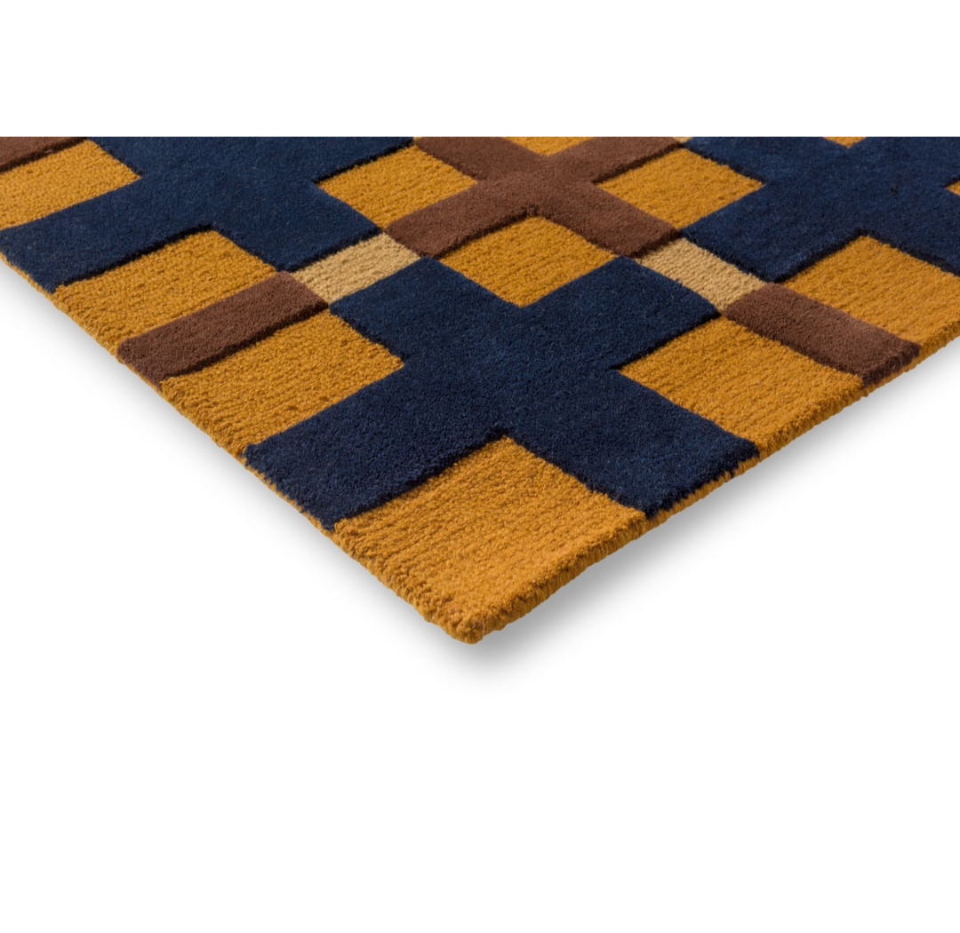 Modern Geometric Wool Rug – Handwoven Blue, Mustard & Brown Checkered Pattern for Living Room & Office Décor