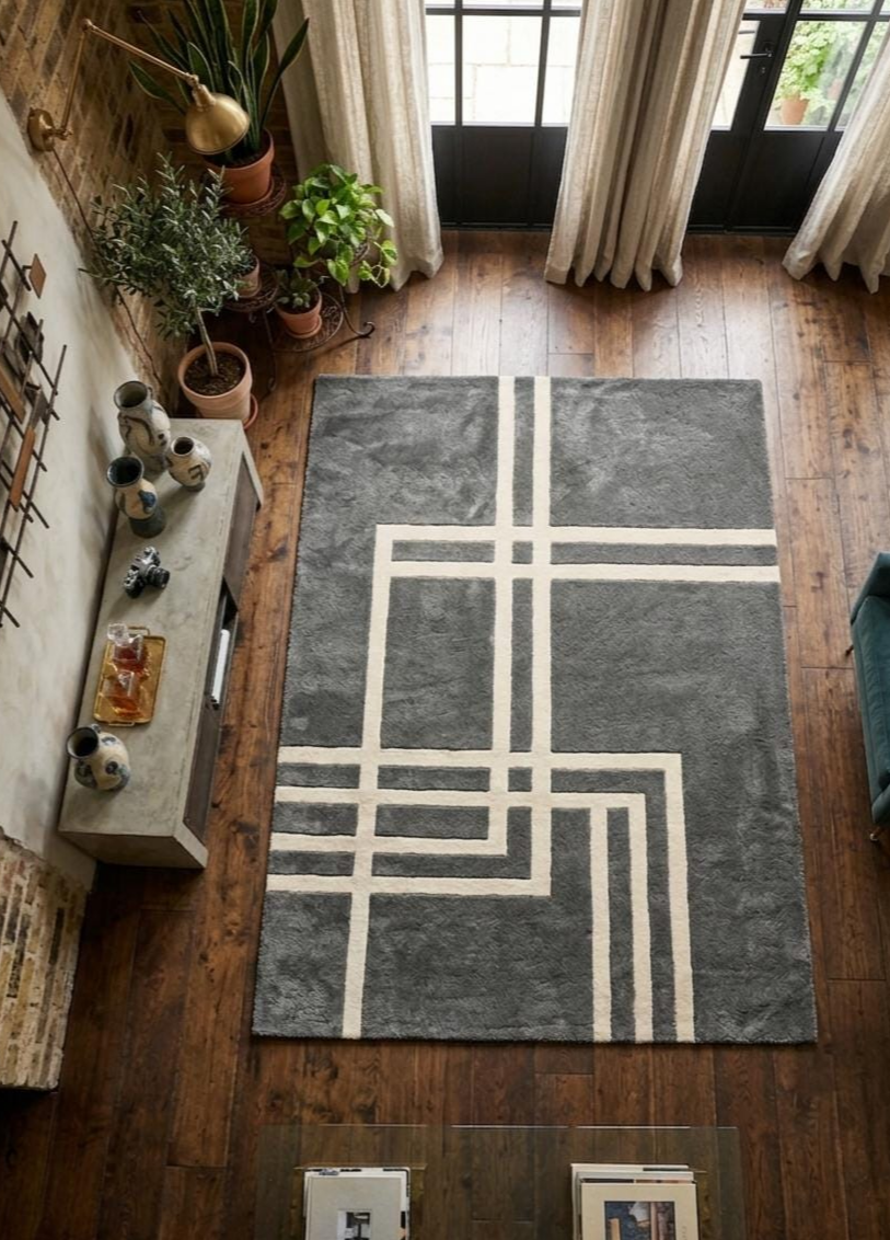 Modern Geometric Hand Tufted Rug, Charcoal Gray Area Rug, Scandinavian Minimalist Wool Carpet, Contemporary Living Room Rug, Abstract Line Design Rug