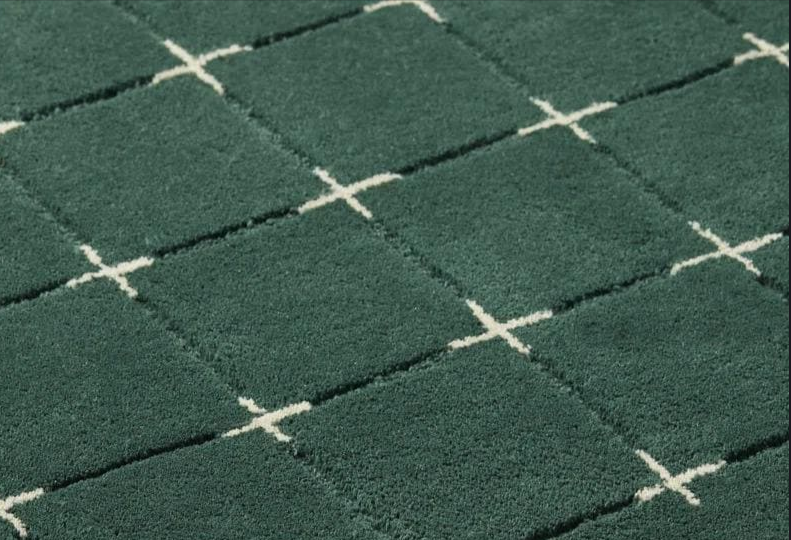 Modern Green Grid Area Rug with Cross Stitch Pattern – Minimalist Geometric Carpet for Living Room, Bedroom & Contemporary Home Décor