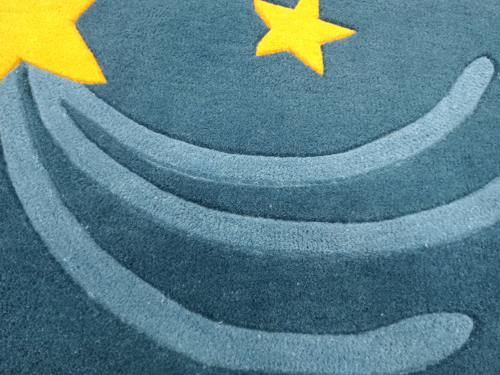 Kids Galaxy Round Rug – Handmade Wool Carpet with Shooting Stars Design in Blue & Yellow – Cozy Space Theme Floor Decor for Nursery & Playroom