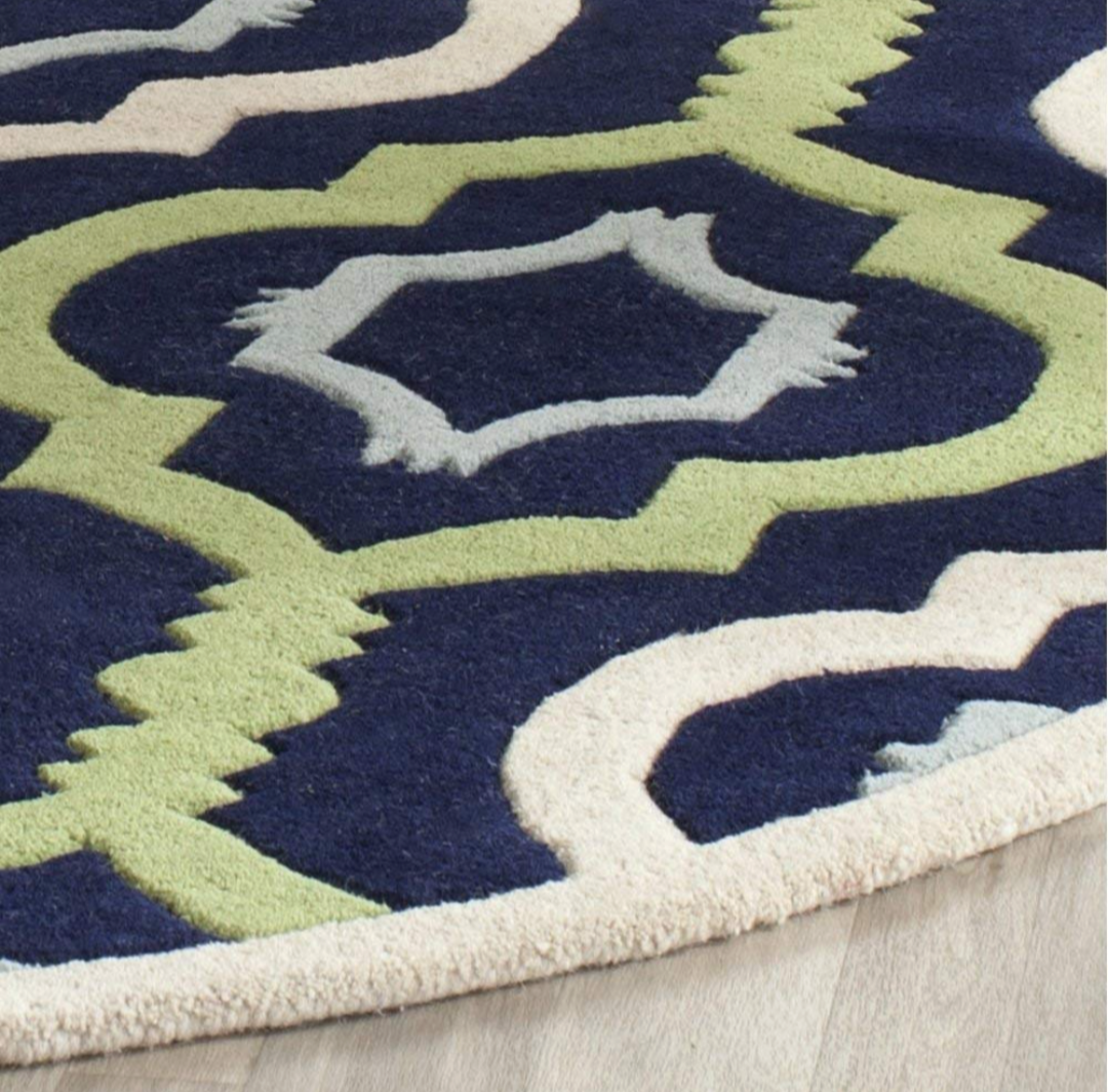 Round Navy Blue & Green Trellis Area Rug – Modern Geometric Carpet for Living Room, Bedroom, or Kids Room