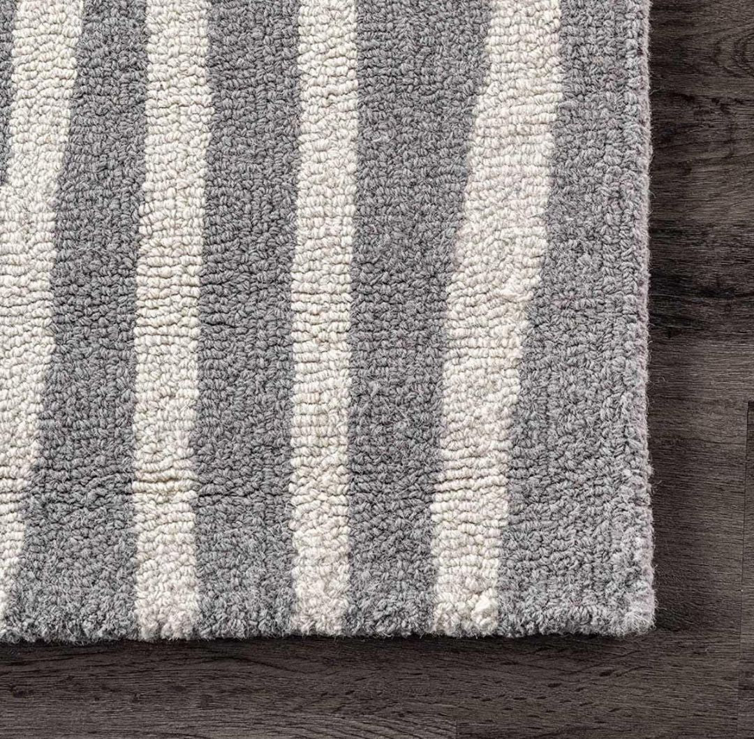 Modern Grey White Wool Rug Geometric Pattern Handmade Area Carpet for Living room