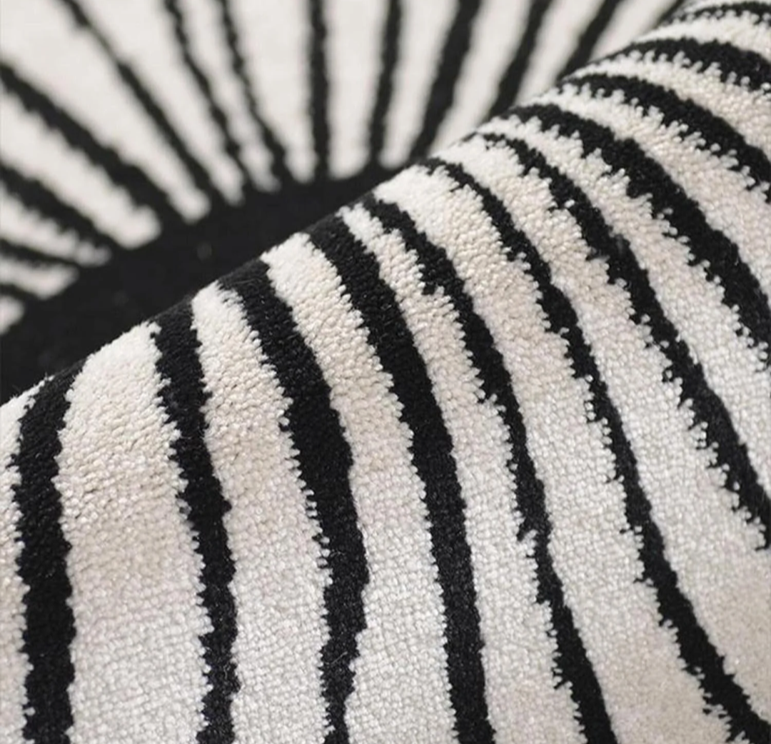 Modern Minimalist Round Area Rug – Black and White Sunburst Design Carpet for Living Room, Bedroom, or Office Decor