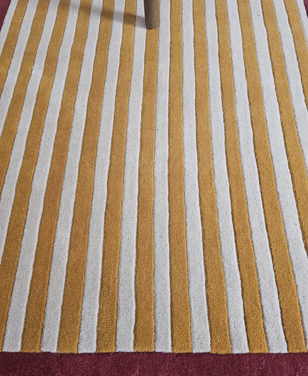 Handmade Wool Striped Rug | Modern Mustard & Beige Area Carpet with Red Scalloped Border | Contemporary Statement Floor Rug for Living Room & Bedroom
