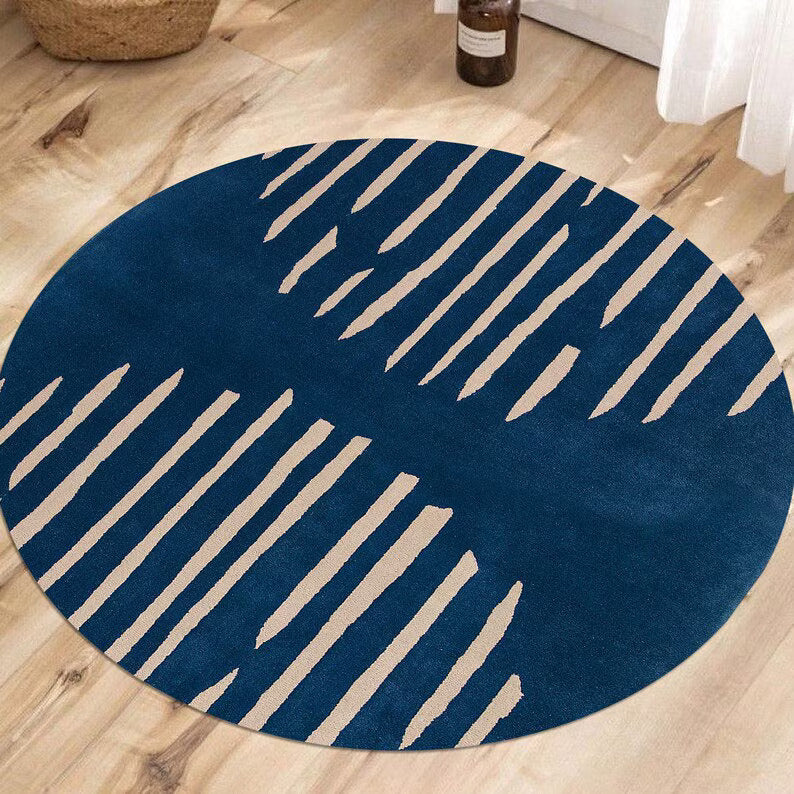 Modern Blue Round Area Rug – Abstract Striped Carpet for Living Room, Bedroom & Contemporary Home Décor