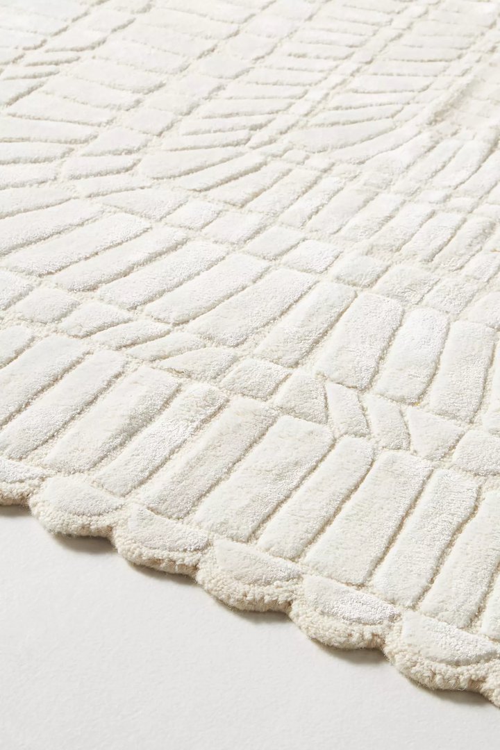 Ivory Hand Tufted Wool Area Rug – Modern Geometric Scalloped Border Carpet, Neutral Contemporary Living Room Rug, Luxury Handmade Bedroom Rug, Custom Size Rug