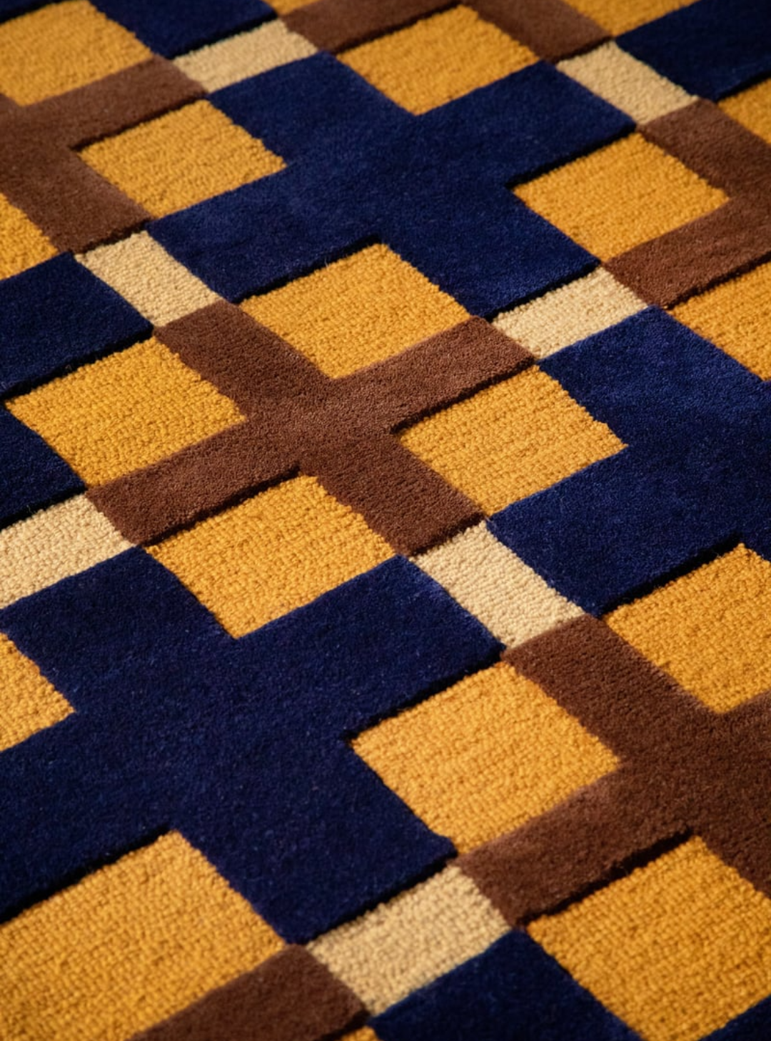 Modern Geometric Wool Rug – Handwoven Blue, Mustard & Brown Checkered Pattern for Living Room & Office Décor