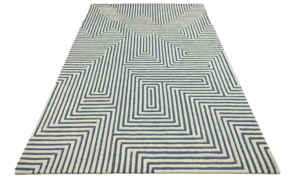 Blue and White Maze Pattern Area Rug – Modern Hand-Tufted Wool Carpet with Geometric Line Design for Living Room, Bedroom & Contemporary Décor