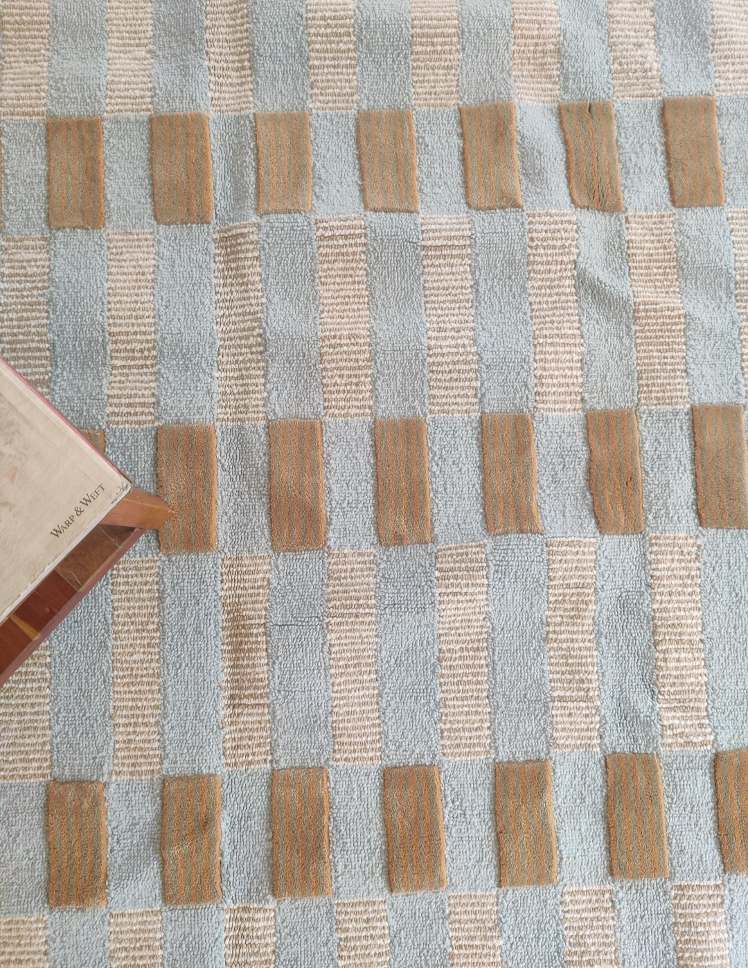 Handmade Wool Checkered Rug | Modern Blue & Beige Striped Area Carpet with Red Scalloped Border | Contemporary Designer Floor Rug for Living Room & Bedroom