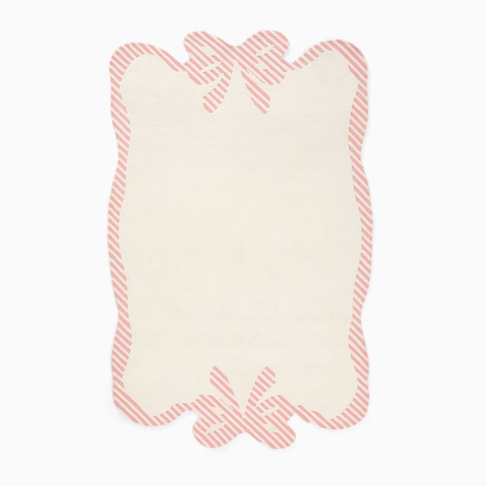 Whimsical Bow Hand-Tufted Rug | Pink & White Striped Border Accent Carpet | Playful Modern Area Rug for Nursery, Kids Room & Living Space