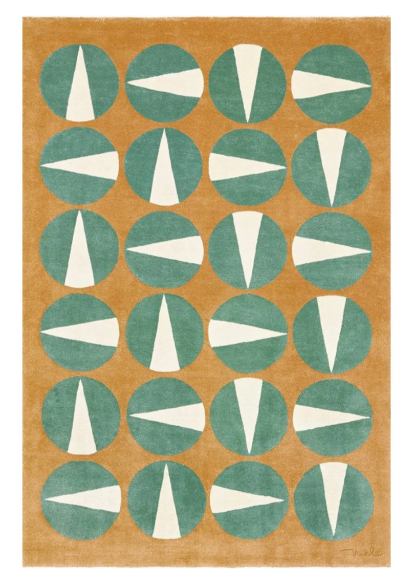 Mid-Century Modern Geometric Area Rug – Retro Green and Mustard Hand-Tufted Wool Carpet for Living Room & Bedroom Décor
