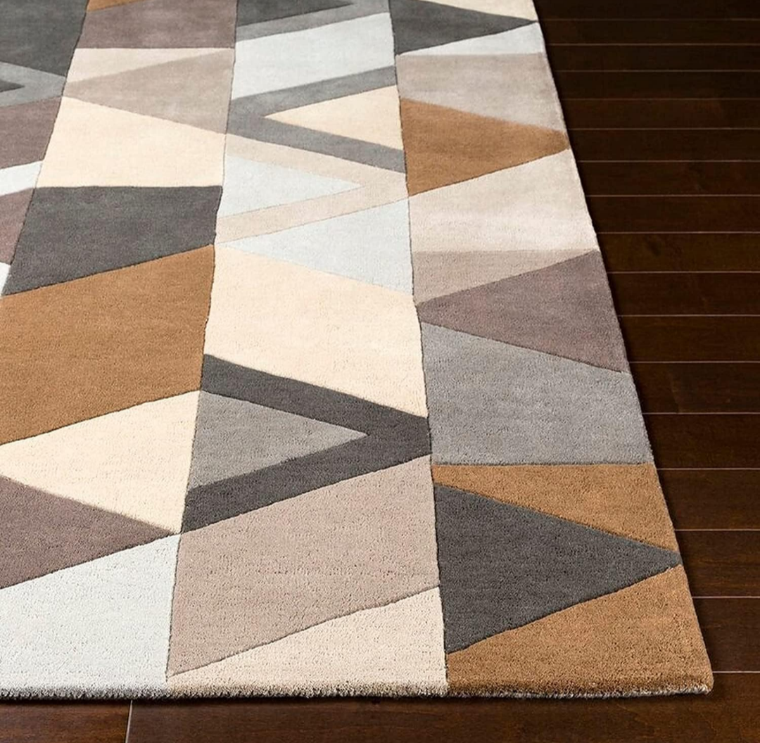 Modern Geometric Area Rug – Hand-Tufted Soft Wool Carpet in Neutral Beige, Brown & Grey Tones for Living Room & Bedroom Decor