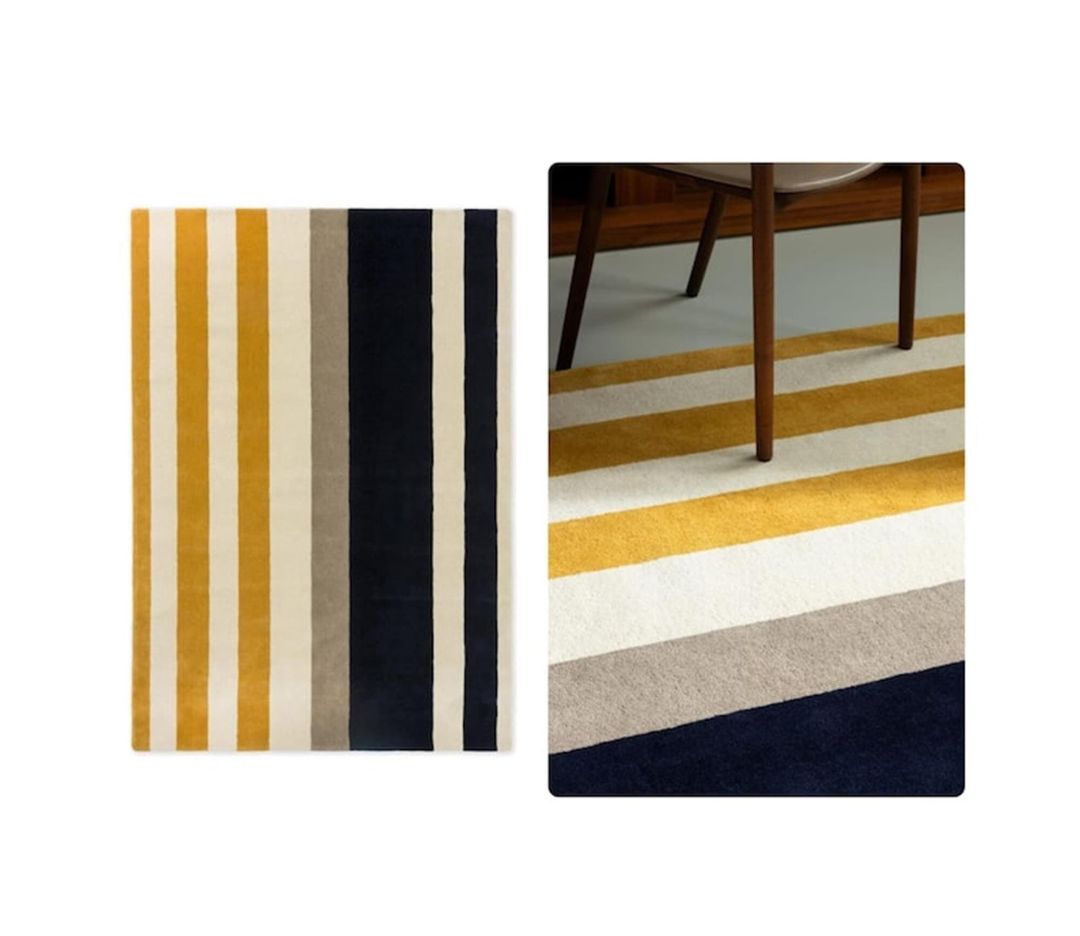 Modern Striped Area Rug – Hand-Tufted Mustard, Black & Neutral Carpet for Living Room, Bedroom & Office Decor