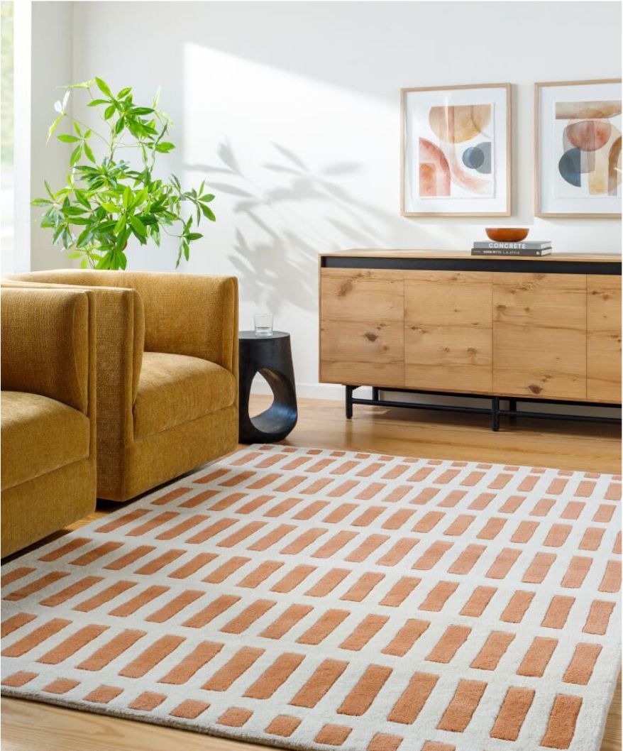 Modern Geometric Brick Pattern Area Rug – Stylish Neutral and Orange Carpet for Living Room Décor Nuha Rugs