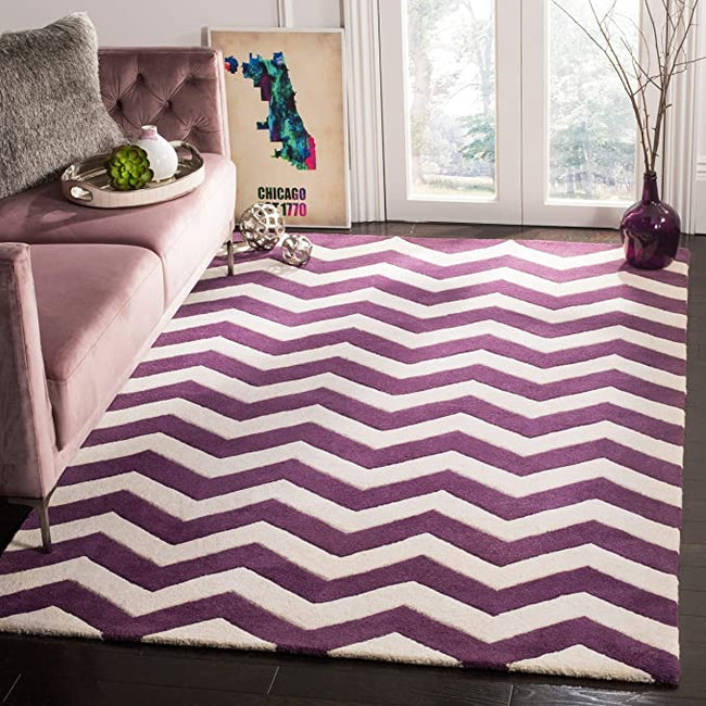 Purple & White Chevron Wool Rug – Modern Hand-Tufted Zigzag Carpet for Living Room, Bedroom & Home Interior Decor