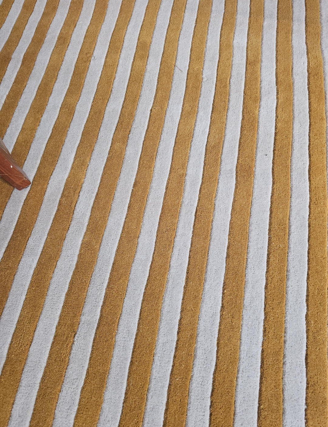 Handmade Wool Striped Rug | Modern Mustard & Beige Area Carpet with Red Scalloped Border | Contemporary Statement Floor Rug for Living Room & Bedroom