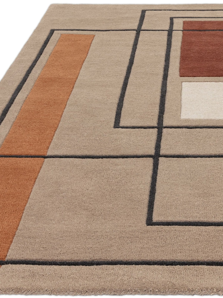 Modern Geometric Area Rug – Hand-Tufted Wool Carpet in Beige, Brown & Black with Overlapping Rectangle Design for Living Room, Bedroom & Office Decor