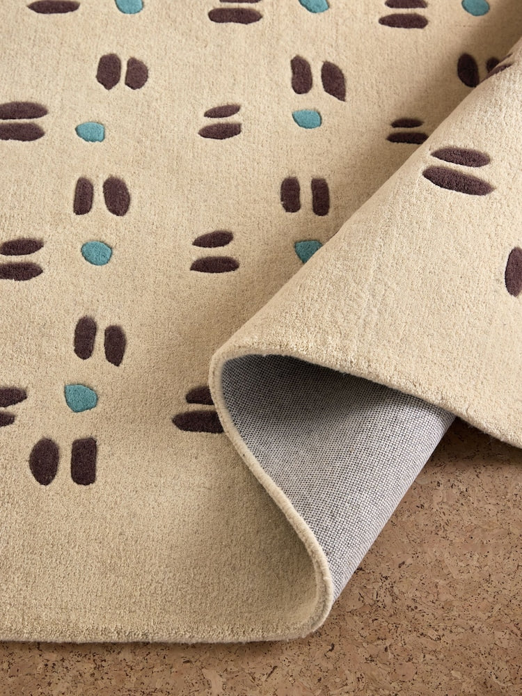Modern Beige Area Rug with Geometric Dot & Dash Pattern – Hand-Tufted Wool Carpet for Living Room, Bedroom & Contemporary Home Decor