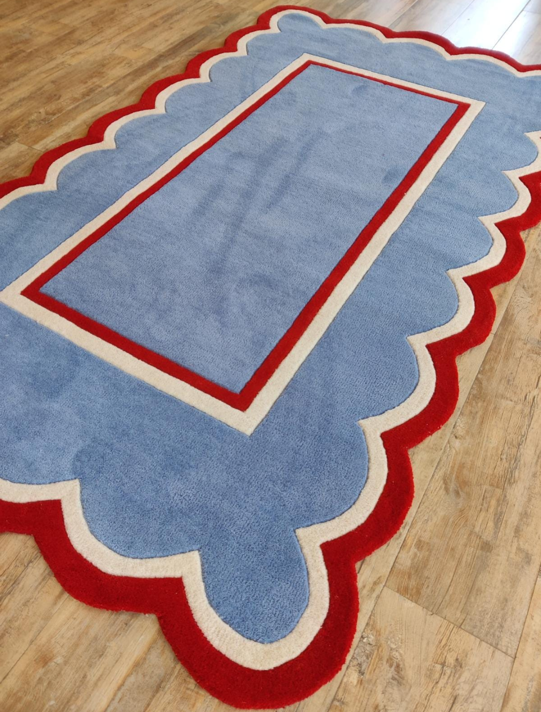 Handmade Blue Scalloped Edge Rug with Red Border | Modern Geometric Wool Carpet for Living Room, Bedroom & Kids Room