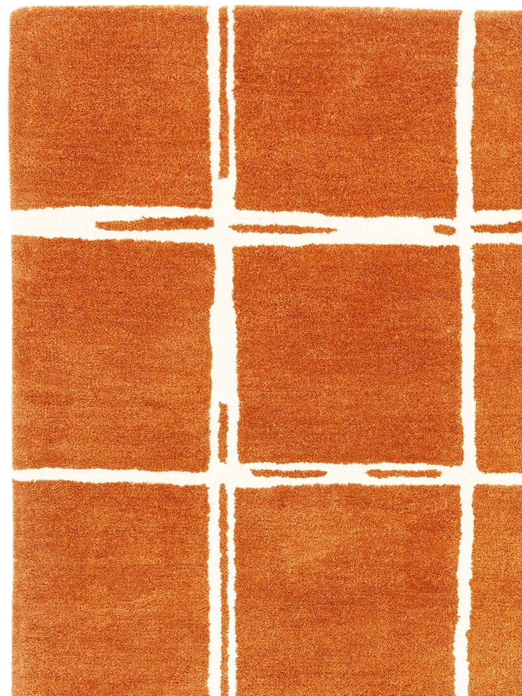 Modern Terracotta Grid Area Rug – Hand-Tufted Wool Carpet with Minimalist Checkered Pattern for Living Room, Bedroom & Office Decor