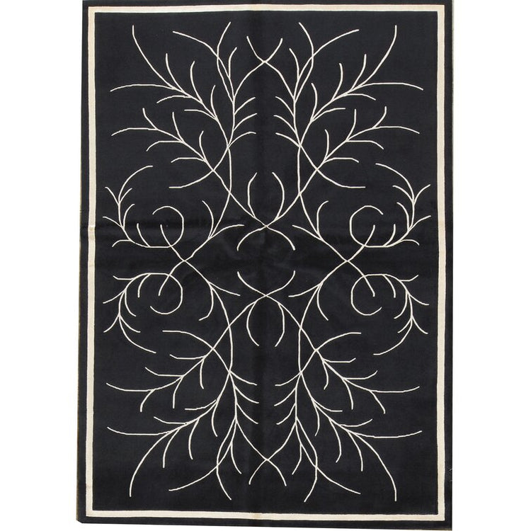 Modern Black Botanical Area Rug – Hand-Tufted Carpet with Elegant Ivory Leaf Vine Pattern for Living Room & Hallway Decor