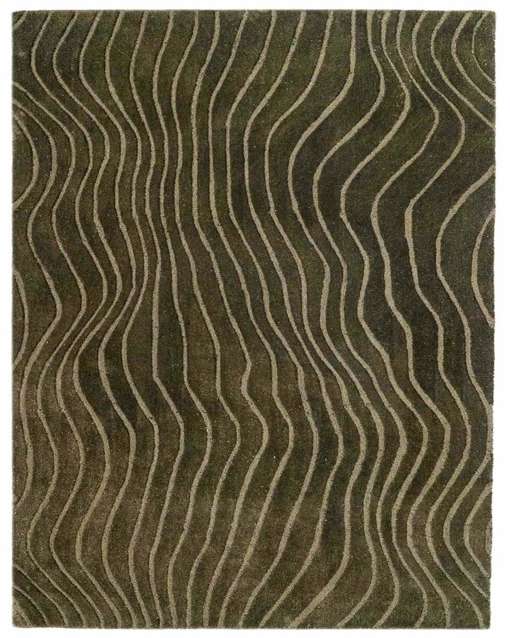 Modern Abstract Hand Tufted Rug – Olive Green Wavy Lines Wool Rug, Contemporary Area Rug for Living Room, Minimalist Designer Carpet