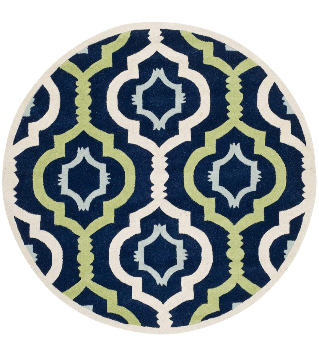 Round Navy Blue & Green Trellis Area Rug – Modern Geometric Carpet for Living Room, Bedroom, or Kids Room