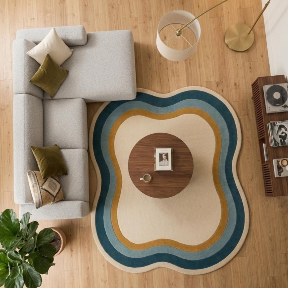 Abstract Wave Hand Tufted Rug, Irregular Modern Area Rug, Cream Blue Gold Sculpted Wool Carpet, Luxury Living Room Rug, Contemporary Organic Shape Rug
