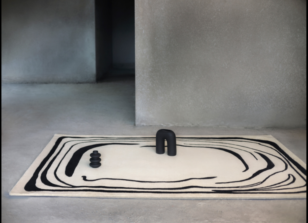 Modern Abstract Area Rug – Hand-Tufted Wool Black & Ivory Carpet – Minimalist Art Rug for Living Room, Bedroom, Office Decor