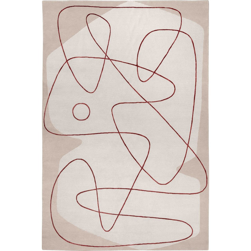 Modern Abstract Line Art Rug – Hand Tufted Wool Carpet with Minimalist Beige & Red Design for Contemporary Living Room & Bedroom Décor