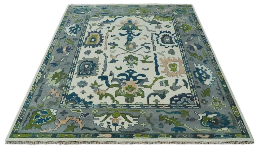 Handknotted Oushak Rug – Genuine Turkish Wool Oriental Carpet | Modern Blue & Green Floral Design
