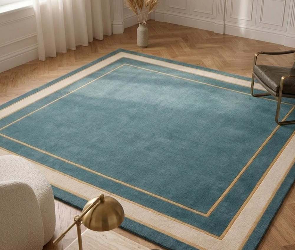 Luxury Emerald Green Hand Tufted Rug, Modern Art Deco Area Rug, Teal Gold Border Carpet, Contemporary Living Room Rug, Custom Handmade Rug, Plush Wool Rug, Minimalist Home Decor Rug