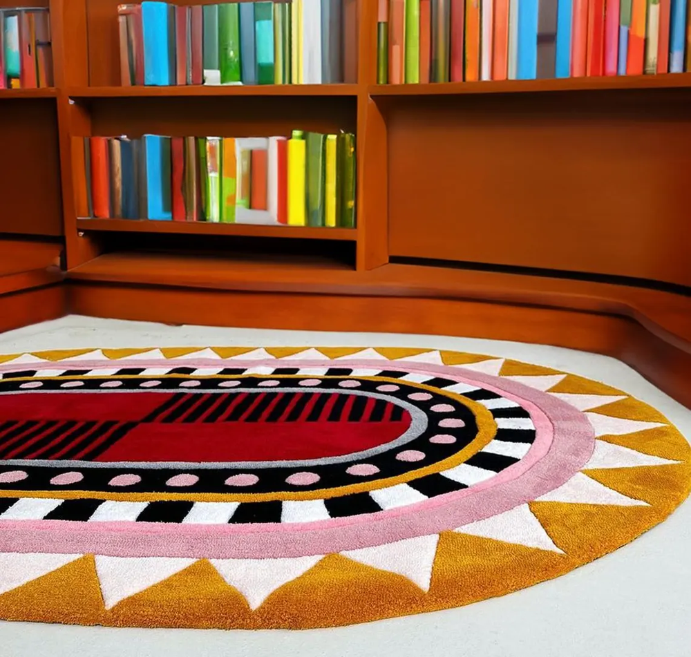 Bold Abstract Geometric Area Rug – Hand Tufted Pink, Red, Black & Mustard Modern Art Carpet for Living Room, Bedroom & Creative Spaces