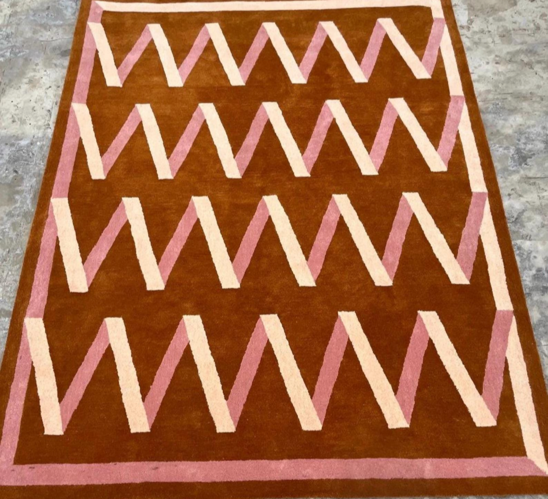 Modern Geometric Hand-Tufted Wool Rug | Brown Pink Zigzag Carpet | Abstract Area Rug for Living Room & Bedroom Decor