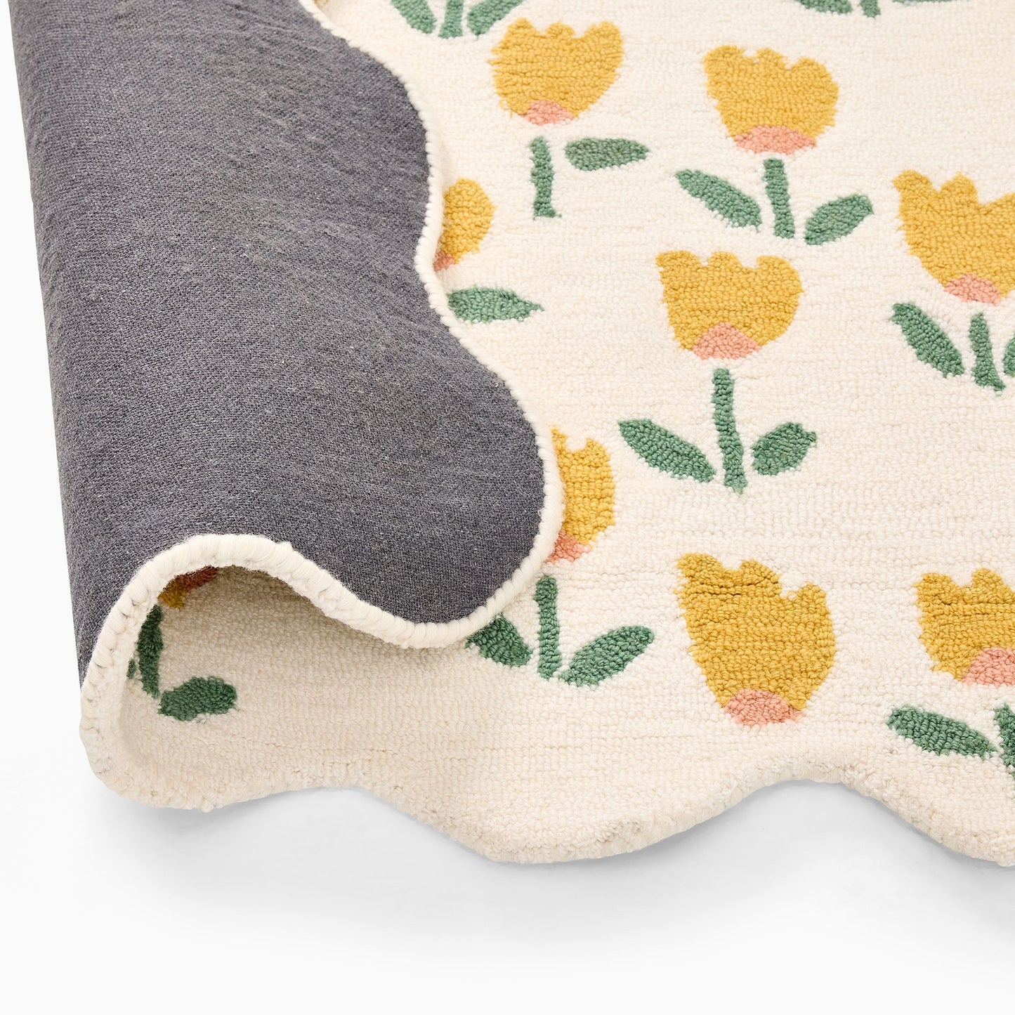 Hand-Tufted Floral Tulip Rug with Scalloped Edges – Yellow & Pink Flowers, Soft Wool Carpet for Living Room, Bedroom & Nursery Decor