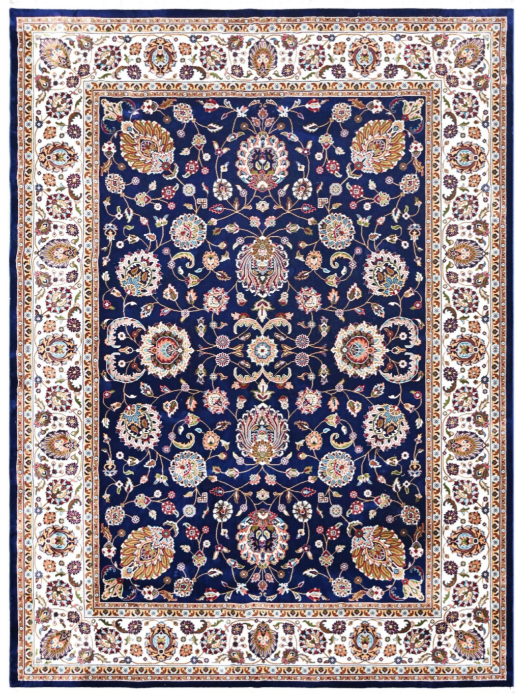Luxury Persian Silk Area Rug – Royal Blue Traditional Floral Design with Elegant Ivory Border