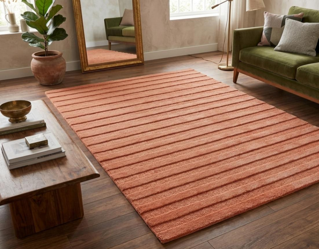 Hand Tufted Terracotta Ribbed Wool Rug – Modern Textured Area Rug, Handmade Luxury Living Room Carpet, Contemporary Minimalist Home Decor, Custom Size Rug