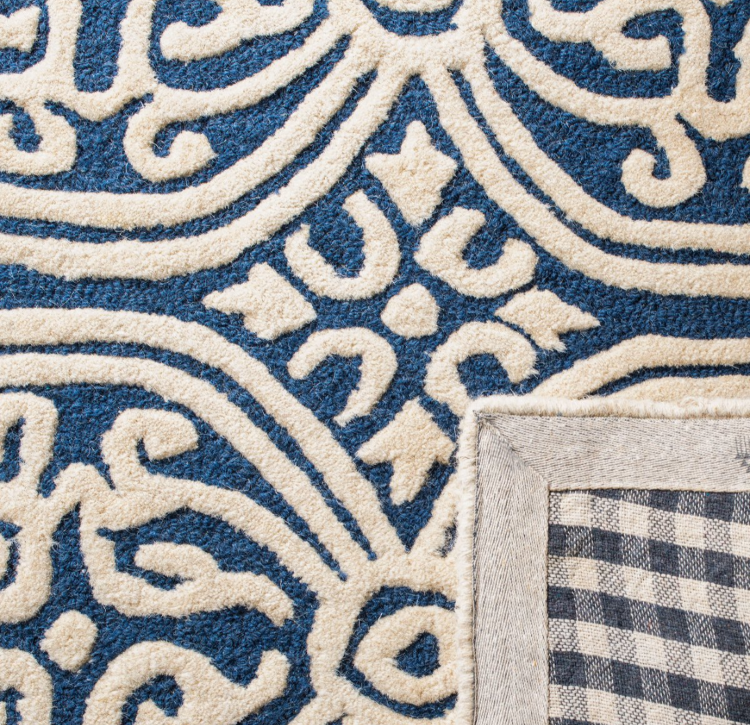 Blue & Ivory Area Rug with Bold Geometric Medallion Pattern – Modern Woven Carpet for Living Room, Bedroom & Home Décor