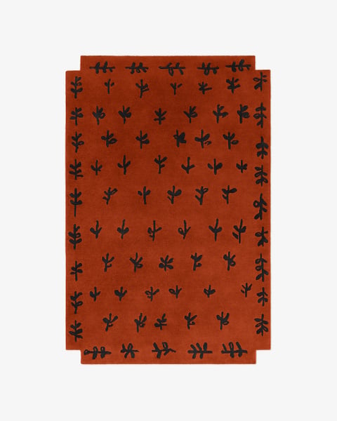 Hand Tufted Burnt Orange Rug with Black Leaf Botanical Pattern | Modern Boho Abstract Area Rug | Handmade Wool Living Room Carpet | Designer Statement Floor Rug