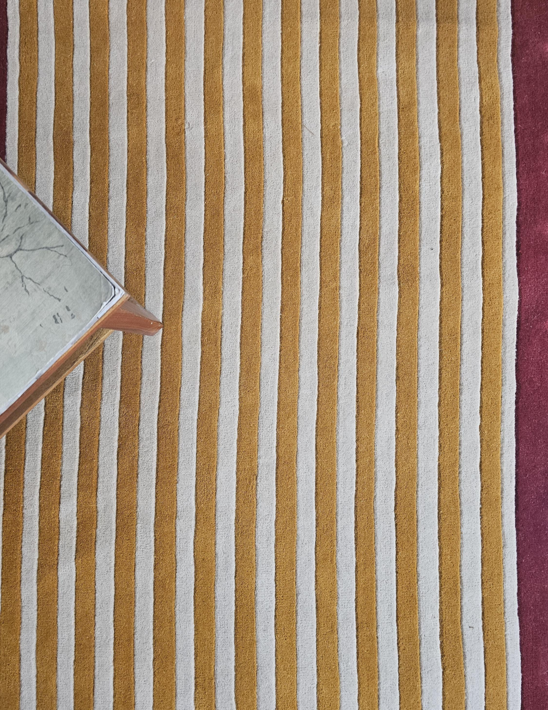 Handmade Wool Striped Rug | Modern Mustard & Beige Area Carpet with Red Scalloped Border | Contemporary Statement Floor Rug for Living Room & Bedroom