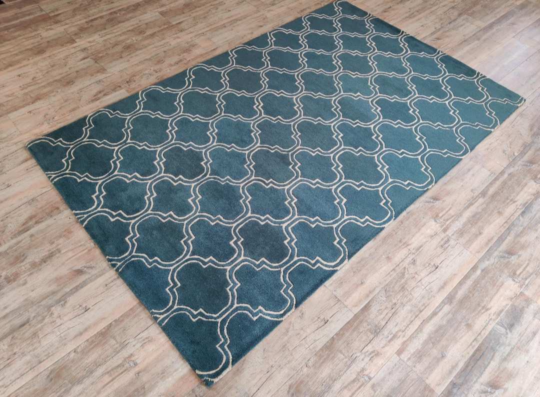 Handmade Moroccan Trellis Wool Rug | Modern Blue & Ivory Geometric Area Carpet | Stylish Living Room, Bedroom & Office Floor Decor