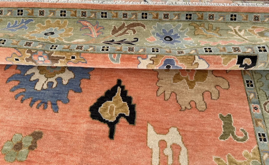 Hand Knotted Oushak Rug – Terracotta Turkish Wool Area Rug with Floral Motifs