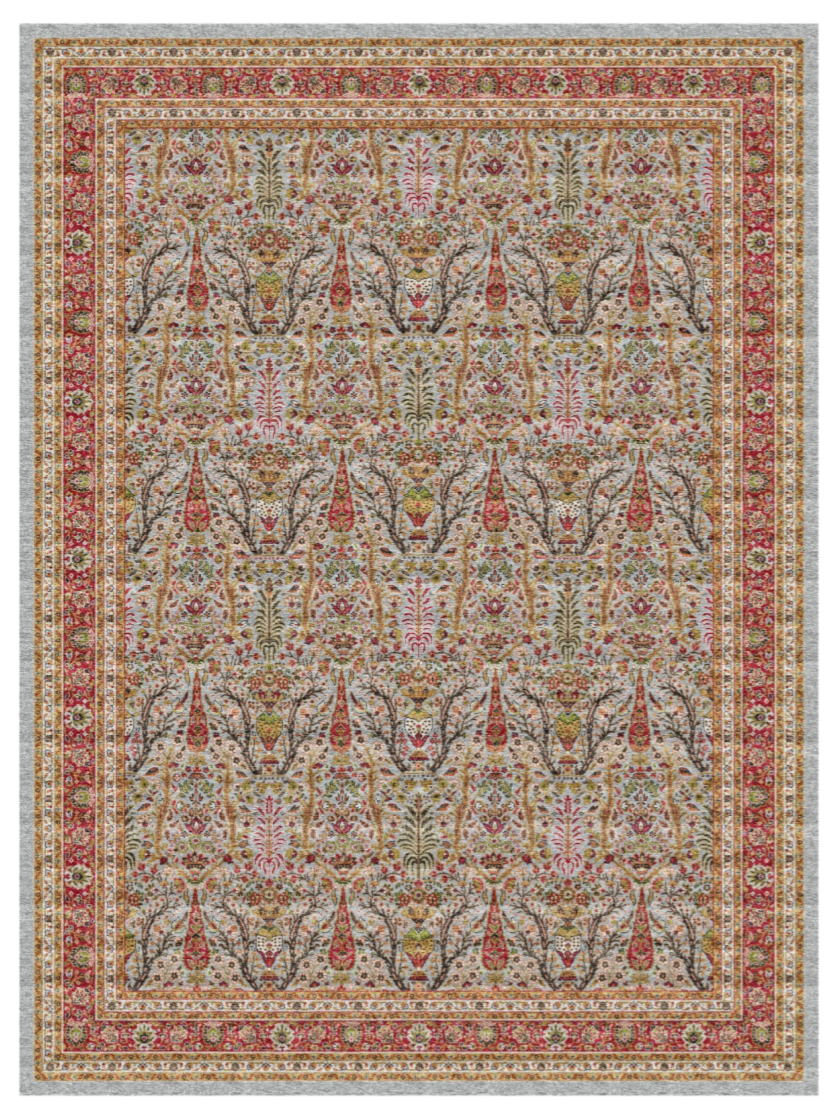 Persian Silk Look Area Rug – Ivory Floral Luxury Carpet with Traditional Border