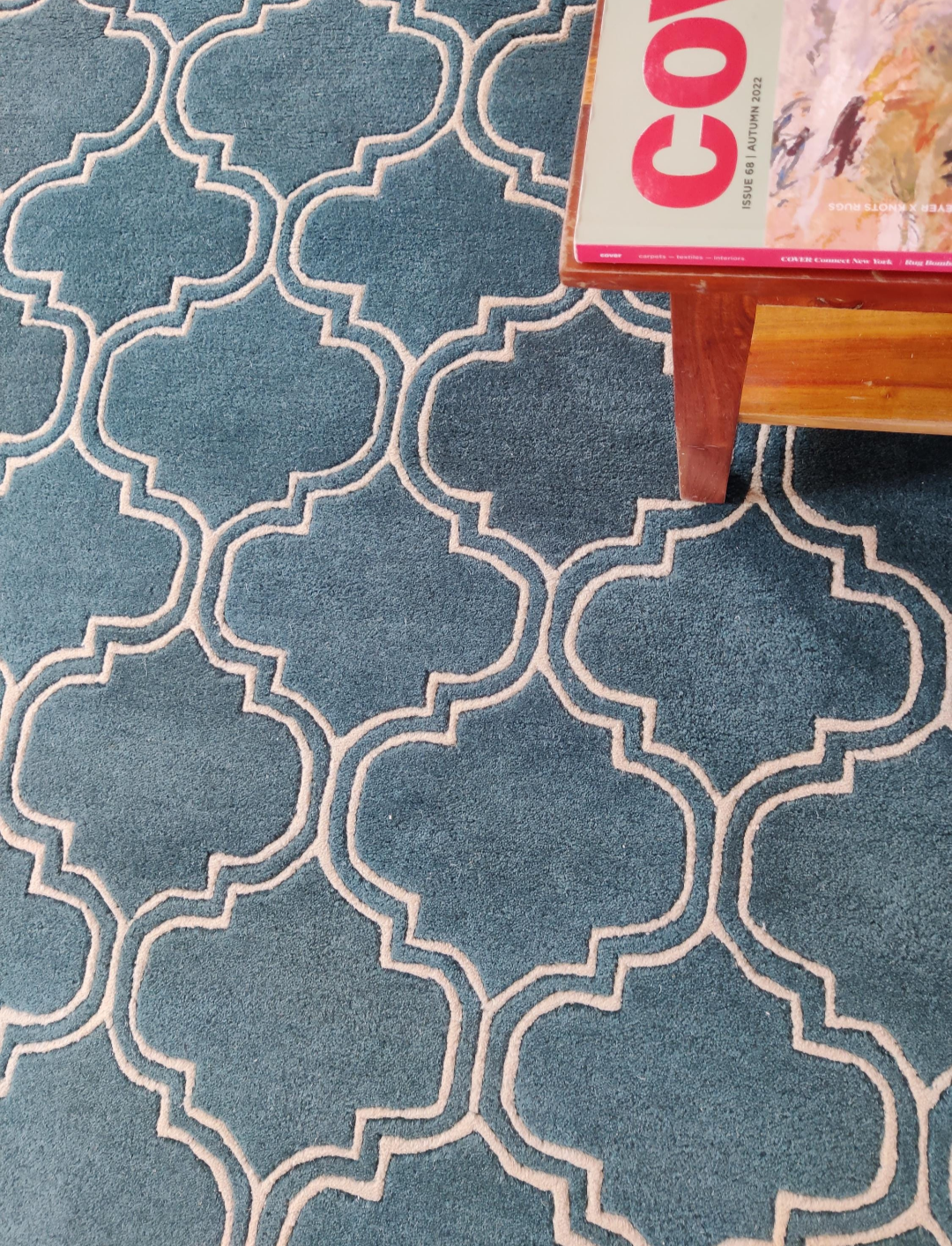 Handmade Moroccan Trellis Wool Rug | Modern Blue & Ivory Geometric Area Carpet | Stylish Living Room, Bedroom & Office Floor Decor