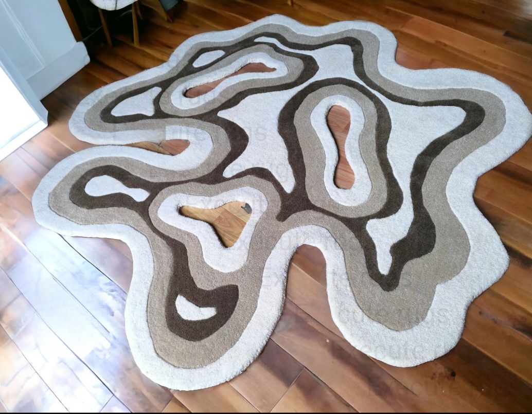 Abstract Irregular Tufted Rug | Modern Wavy Carpet | Handmade Neutral Earth Tone Mat